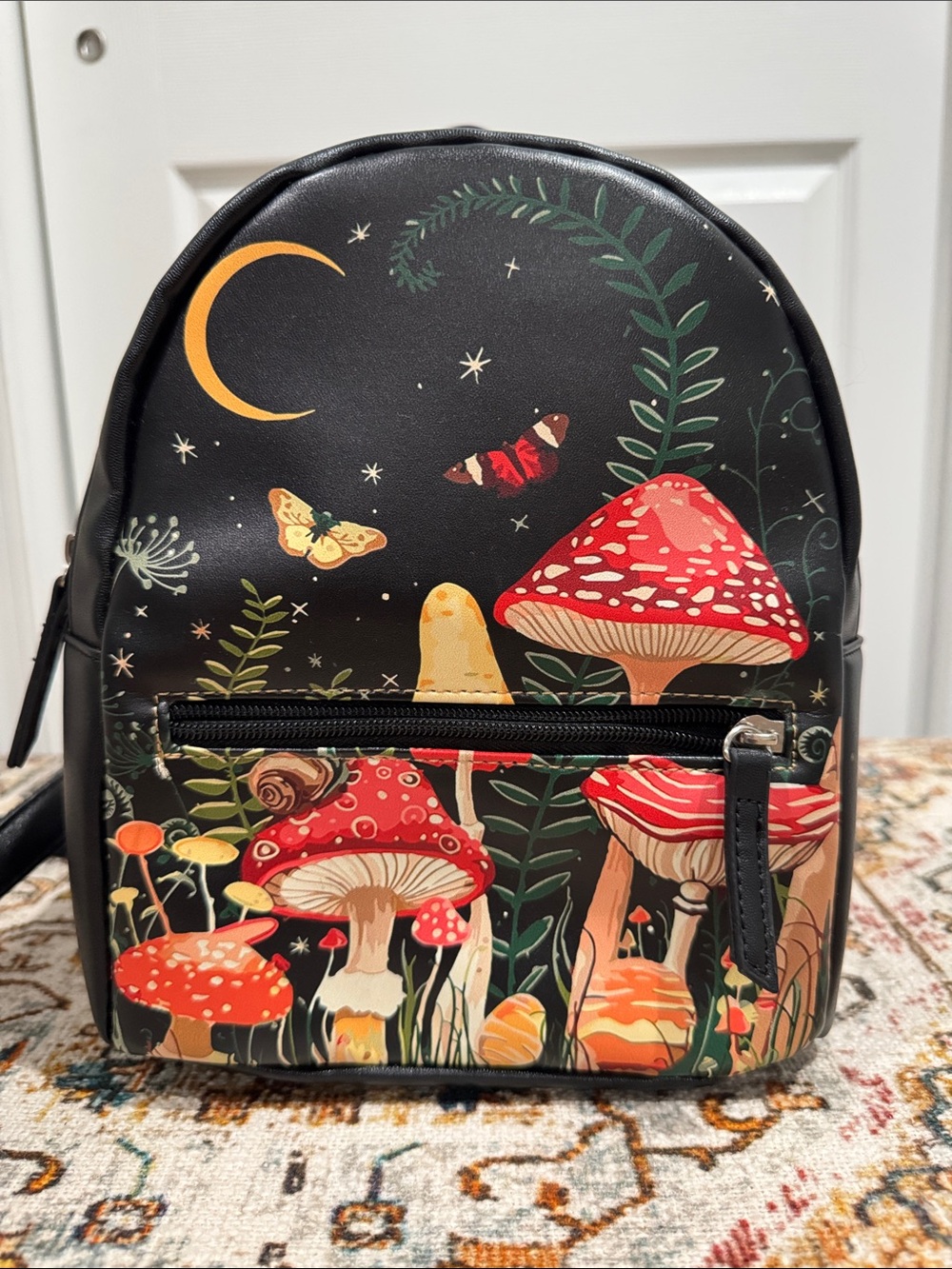 Whimsy Mushroom Print Mini Backpack - Black